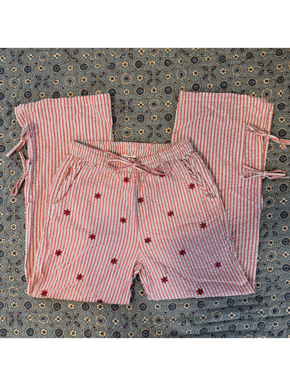 Natura boho red striped embroidered linen drawstring pants with ties at the end